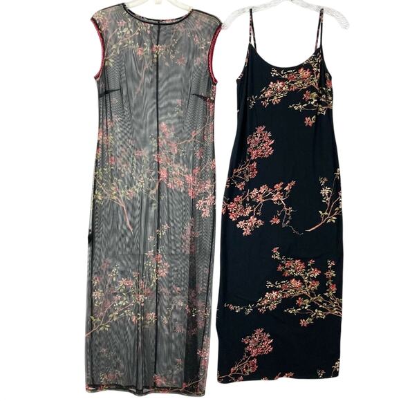 nwot CAROLE LITTLE Set 2-PC Dress 8 Mesh Sheer Floral Beaded Black Red Stretch - Picture 1 of 9